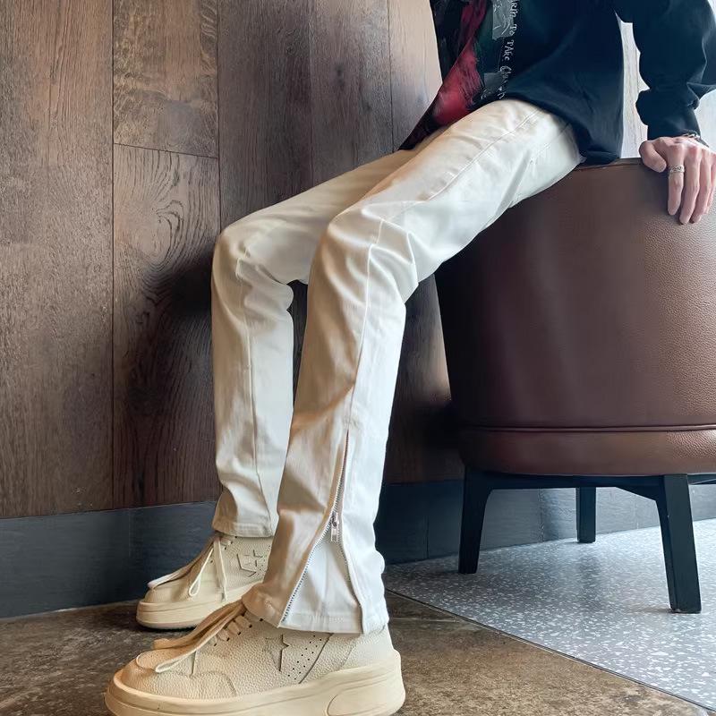 

Men s White Slim Fit Summer Jeans, American Vibe, Bad Boy Zipper, Micro Flare Straight Leg. Small