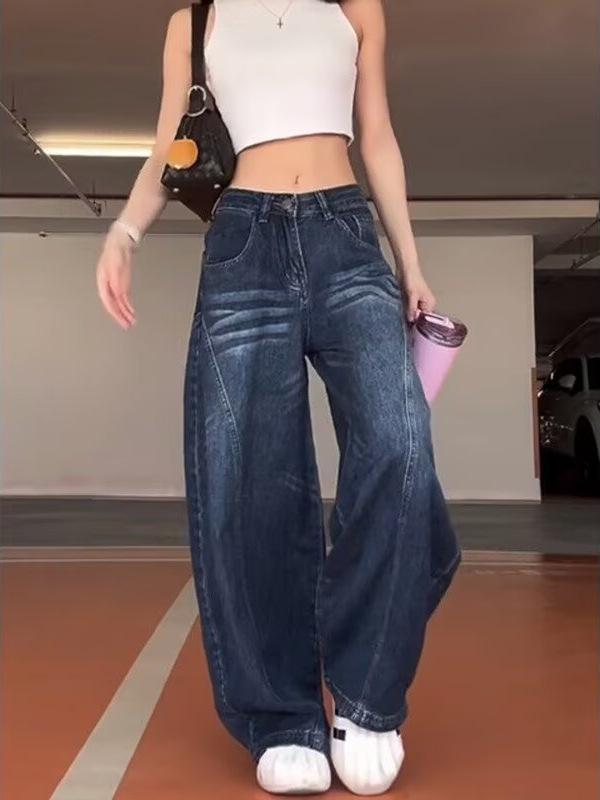 Women's American Retro Wash Denim Wide-Leg Floor-Length Pants