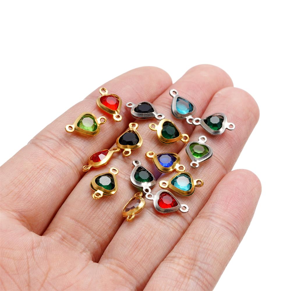 10pcs/lot Stainless Steel Crystal Love Heart Double Ring Pendants for DIY Bracelet Necklace Beads Jewelry Making Accessories
