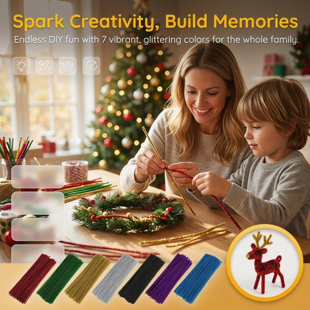 100Pcs Glitter Sparkle Craft Pipe Cleaners Multicolored Fuzzy Sticks Pipe Cleaners Bulk DIY Crafts