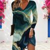 Women Plus Size V Neck Long Sleeve Printed Light Blue A Line Dress