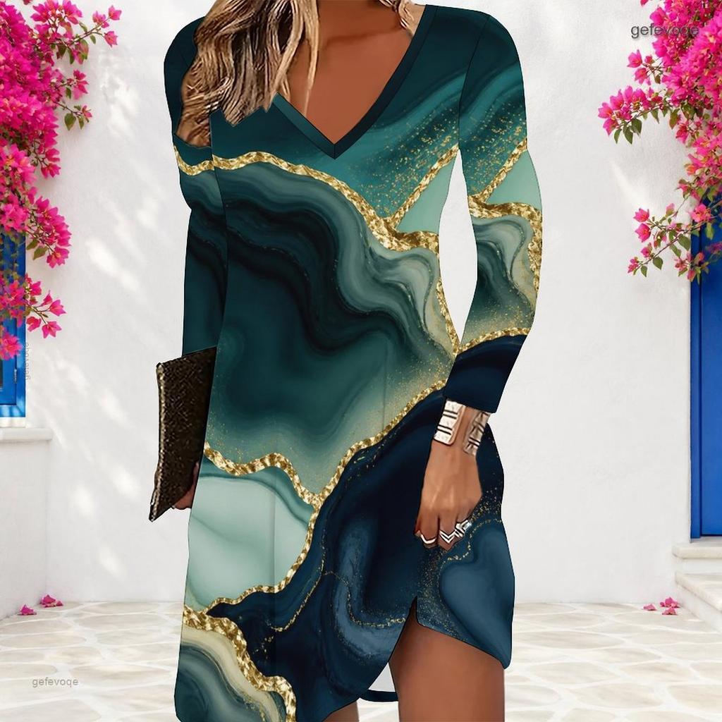 Women Plus Size V Neck Long Sleeve Printed Light Blue A Line Dress