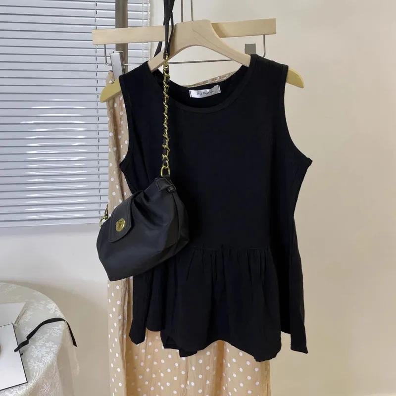 

Женская майка с круглым вырезом без рукавов, фактурная ткань, низ с воланами, повседневная блузка L чёрный