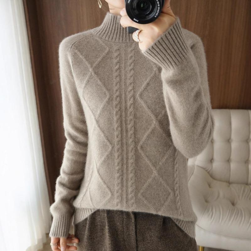 Solid Color Twist Semi-turtleneck Pullover Women's Autumn and Winter New Fashion Versatile Loose Knitted Bottoming Shirt Thick