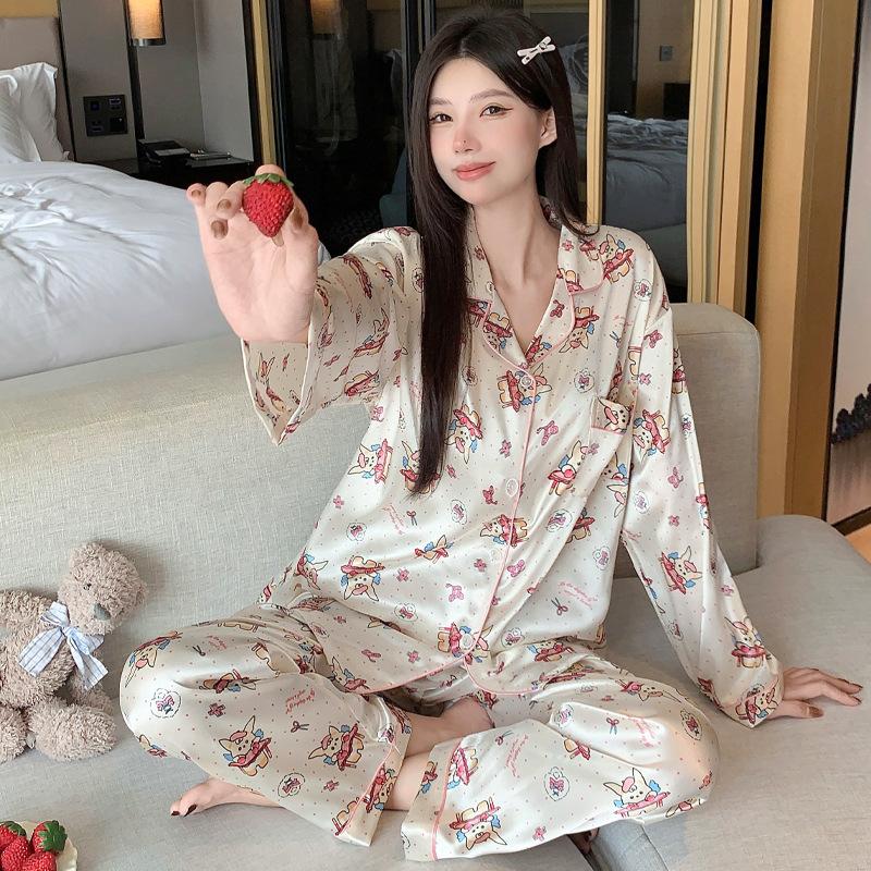 Ice Silk Pajamas Women'S Spring Thin Long-Sleeved Two-Piece Set, Sweet And Cool Loungewear Can Be Worn Outside