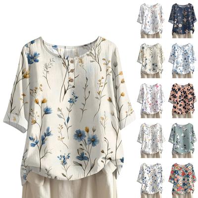 Women's Fashionable And Casual Shirt Half-sleeve Round Neck Print Cotton And Linen Blouse Top