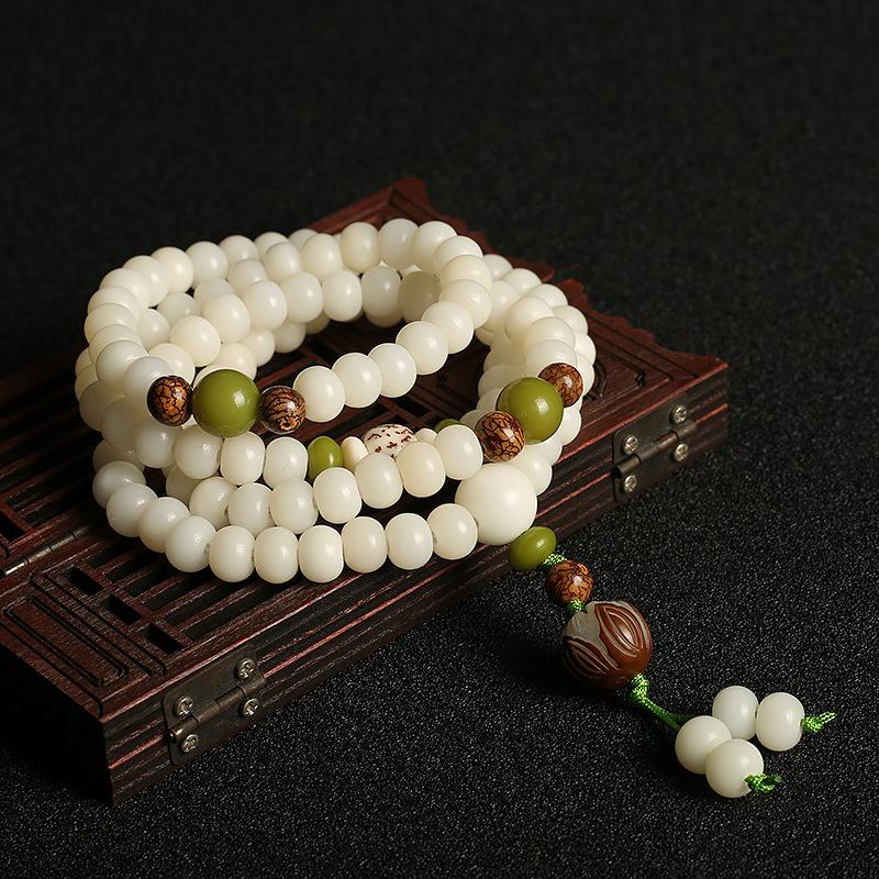 Primavera e verão corda de mão natural bodhi raiz mão corda branco jade bodhi 108 contas de buda pulseira bodhi