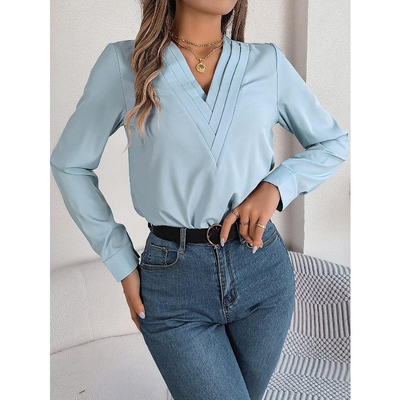 Womens Dressy Casual Shirts Long Sleeve Layered V Neck Solid Elagant Tops Fall Winter Preppy Business Office Blouse