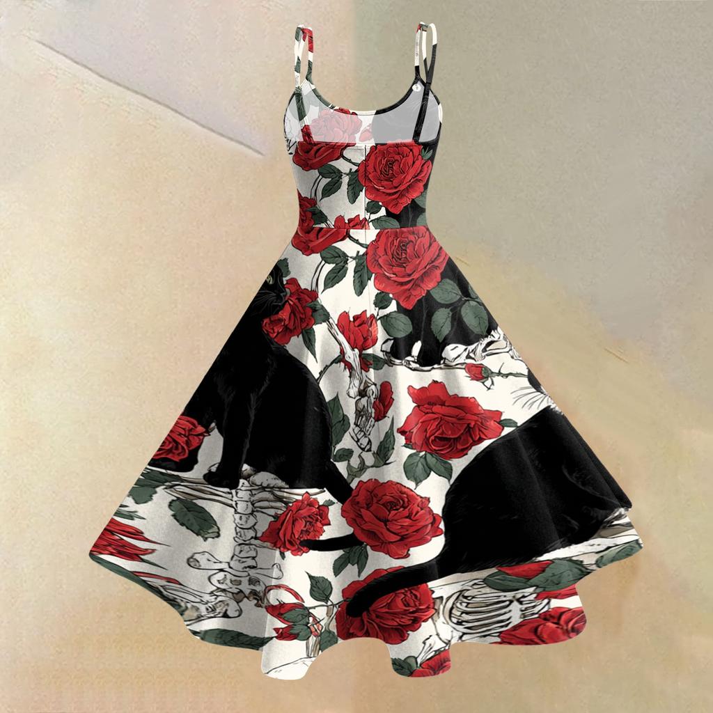 Women's Casual Halloween Print Round Neck Sleeveless Dress for Holiday Party