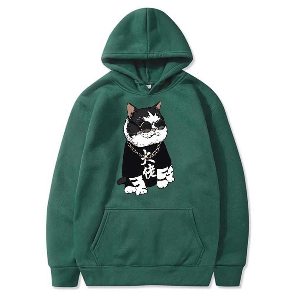 Cool and Cute Big Boss Cat Fun Print Autumn/Winter Women's Fashion Instagram Heavyweight Sweater Hooded Loose Long sleeved Coat