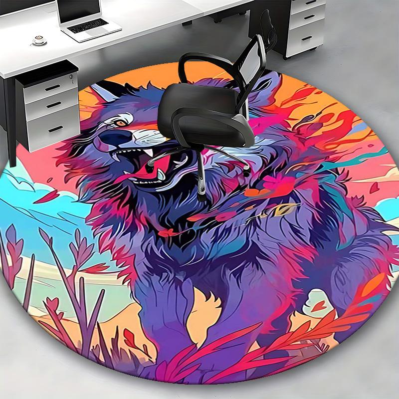 1pc Anime Wolf Round Carpet Office Chair Mat, Non Slip Rug for Home Decor, Gift, Office, Living Room, Bedroom