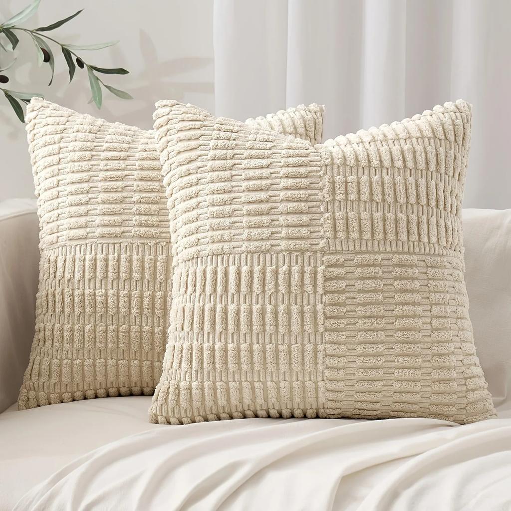 Brown Throw Pillow Covers 18x18 Inch Soft Corduroy Pillow Cover Boho Textured Striped Patchwork Cushion Case for Couch Sofa