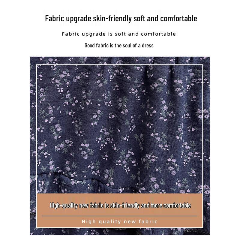 LANGSHA Women's Navy Floral High-Waist A-Line Long Skirt