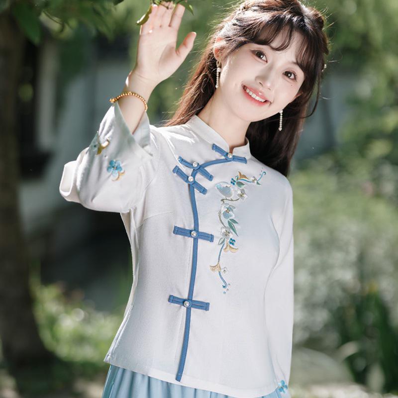 

Женский ретро-вышитый костюм Тан и ханьфу в китайском стиле 2025 года для чаепития с классической застежкой-пуговицей. L