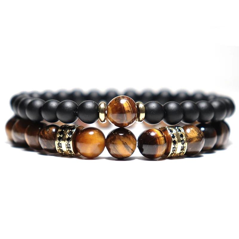 

Fashion 2Pcs Men Bracelet Set Natural Tiger eye Beads Stone Braslet Luxury Zirconia Wrap Braclet Leisure Accessories Pulseria
