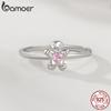 BAMOER Xmas Jewelry Gift S925 Silver Gingerbread Man Open Ring Stud Earrings Women Heart Pink CZ Adjustable Rings New Year Gift