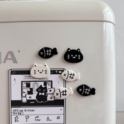 6pcs Cute Kitten Fridge Magnets Compatible for Refrigerator Freezer - Black White Cat Magnetic Decorations with Kitty Paw Prints