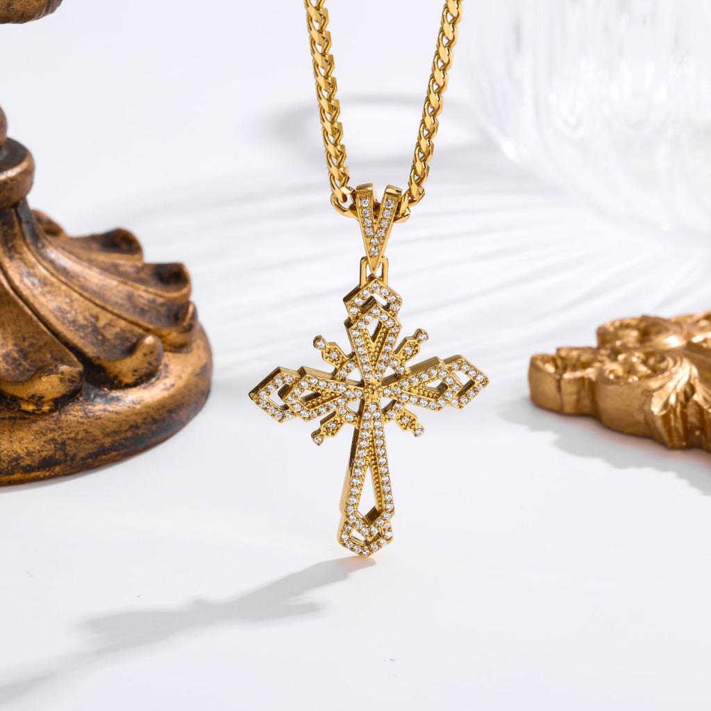 2026 Stone Cross Necklace Fashion Light Luxury Necklace Jewelry Premium Jewelry Full Diamond Men's Necklace
