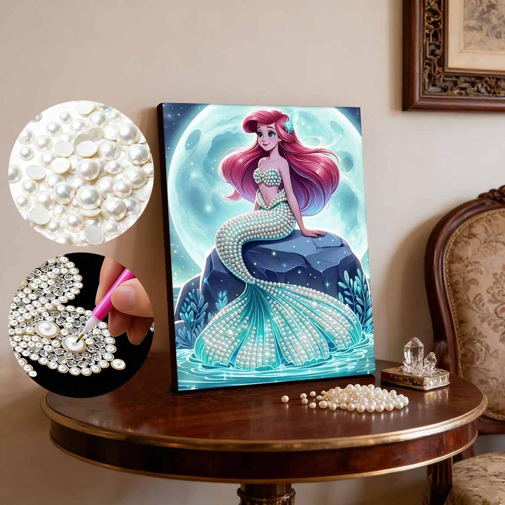 Gentle Pearl-Inlaid Little Mermaid Frameless Art | Moonlit Sea Rock Bg, Handmade 3D Pearl Craft, Ideal for Creamy, Ocean Home Decor