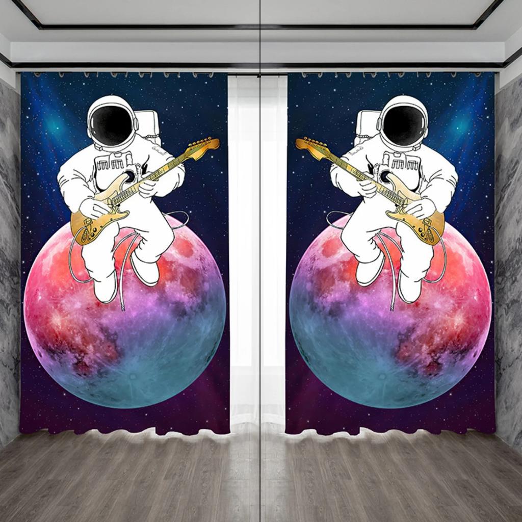 Creative Ins Style High Shading Curtain Astronaut Science Technology Sense Starry Sky Space Boy Game Bedroom Blackout Drape 2PCS