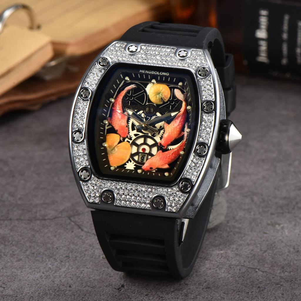 2025 Hengbolong Diamond Quartz Watch Men's Fashion Koi Pattern Strap Calendar Silicone Watch Strap