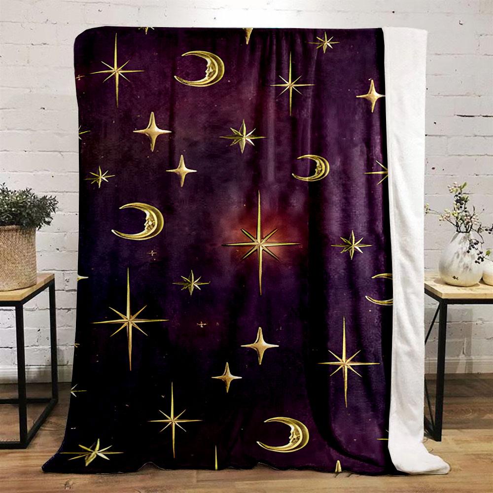 Golden Stars and Moons on Purple Sky Patterned flannel blanket perfect for the bedroom living room, sofa, or a little nap