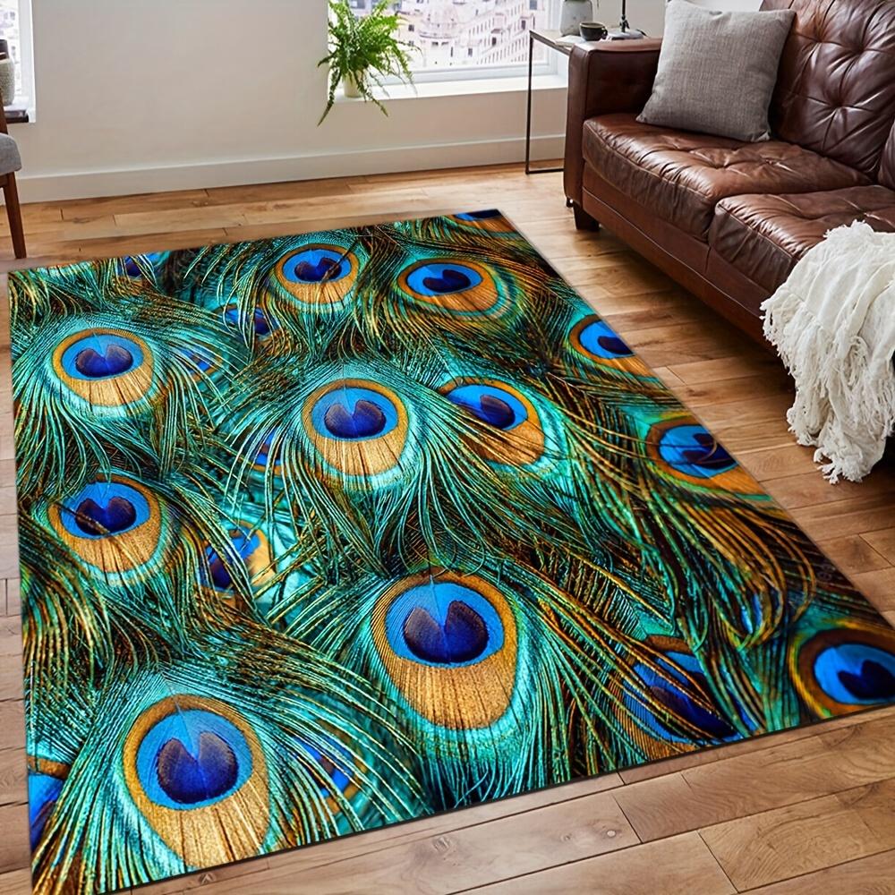Peacock Feather Pattern Area Rug Colorful Animal Bird Fur Non-slip Carpet, Living Room Bedroom Polyester Mat Home Decor Doormat