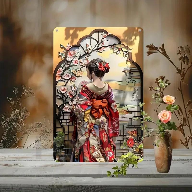 Panneau Métal Kimono Geisha Japonaise, Affiche Art Élégant Japon Fleurs de Cerisier 2D, Décor Mural Maison, Chambre, Bureau, Izakaya, café, Studio