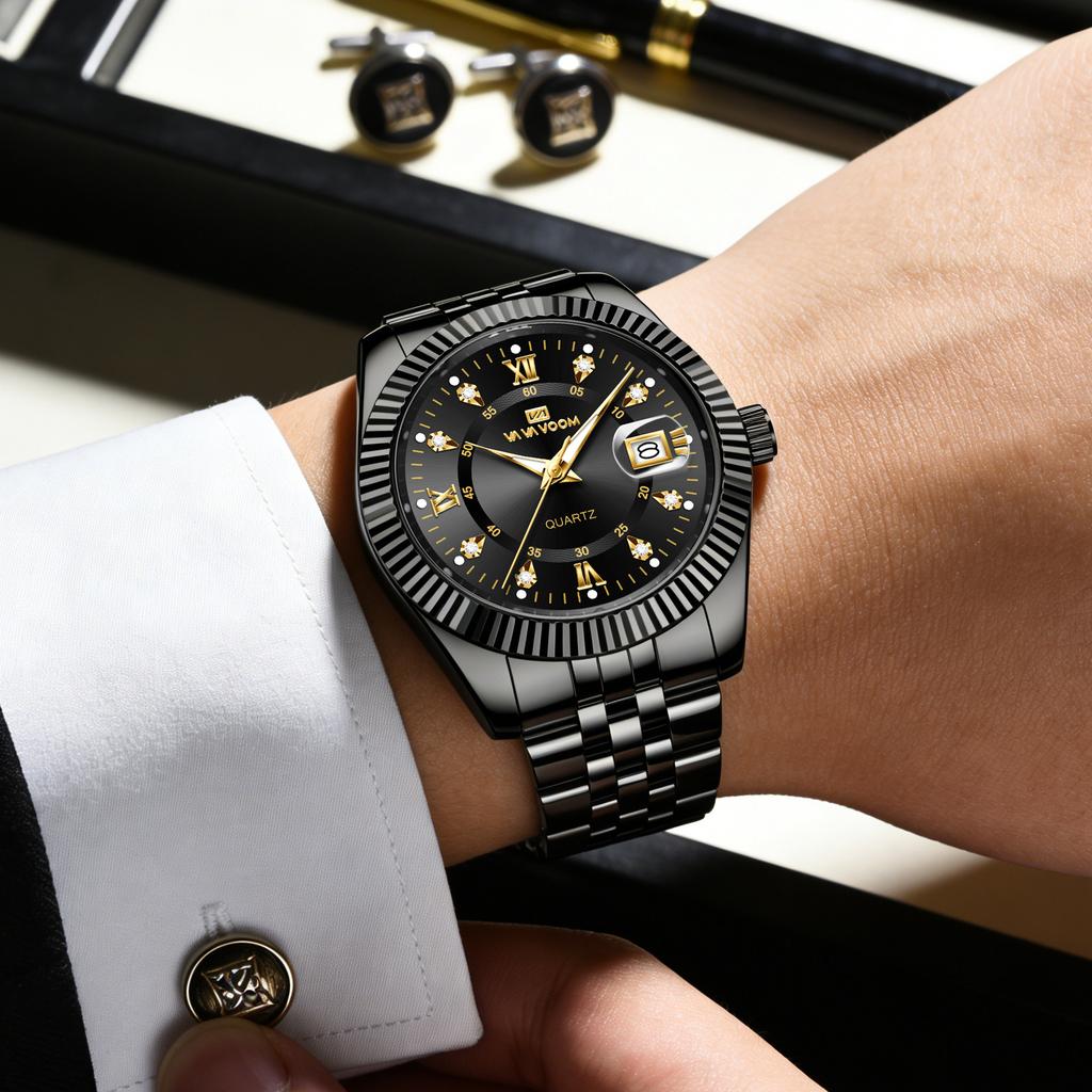 VA VA VOOM Herren Luxus Quarz Uhr Business Edelstahl Uhr mit Tag und Datum Anzeige Lässige Wasserdichte Uhren mit Werkzeug und Etui