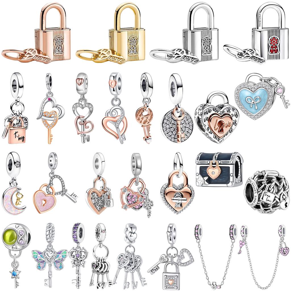 Original 925 Silver Lock&Key Charms Lucky Heart Shaped Key Beads Pendants Fit Bracelet DIY Fine Jewelry Gift