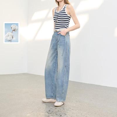 Sancai 2026 Spring Women's High-Waist Curved Denim Jeans