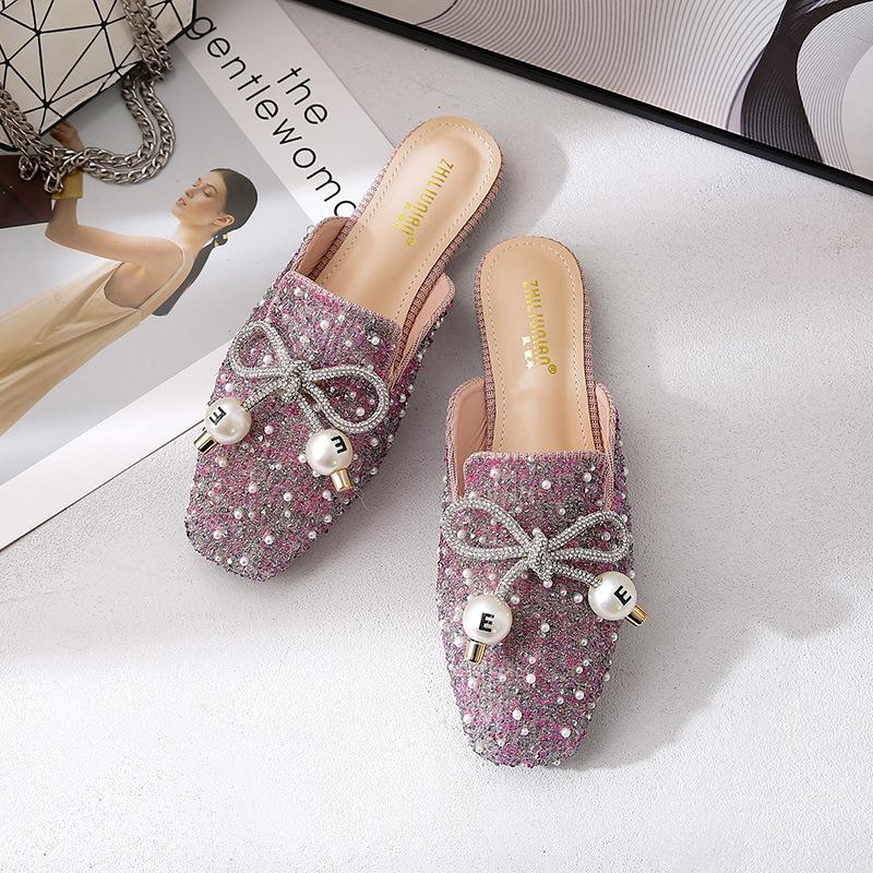 Duży rozmiar damskie buty cyrkonie kokarda baotou pół-klapki perłowe buty damskie letnie do noszenia na zewnątrz modne sandały do noszenia na zewnątrz wróżkowe