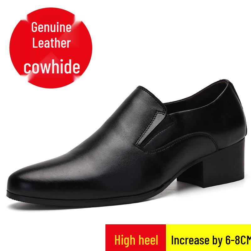 Men's High Heel Leather Shoes - 6CM and 8CM Height Options, Genuine Leather, Trendy Pointed Design