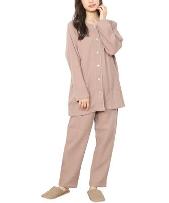 ON NISHIKI Long Sleeve Top and Bottom Double Long Long Loungewear Women's Pajamas, 100% Cotton, Open-Front, Set, Spring/Autumn, Gauze, Skin-Friendly,