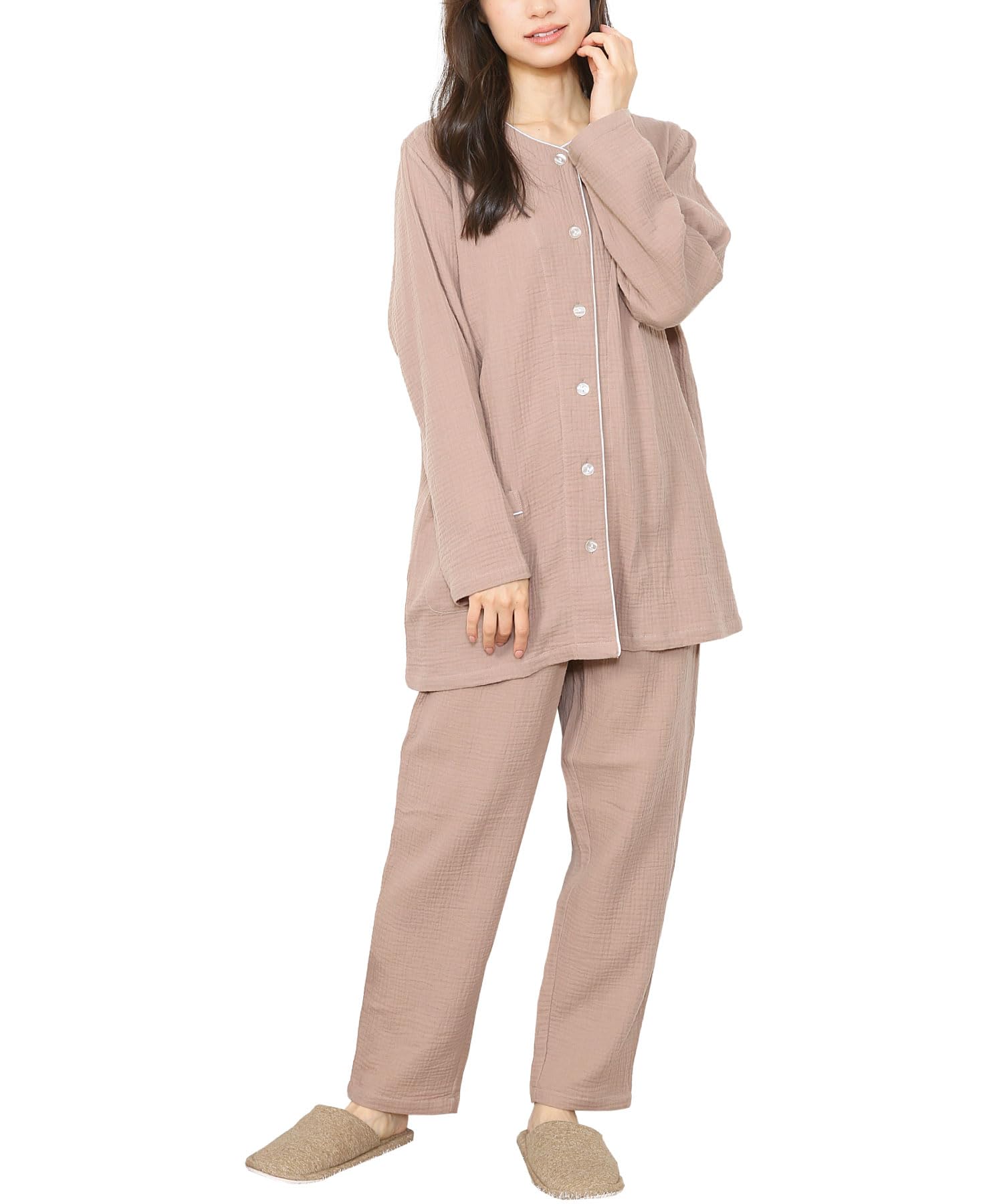 

ON NISHIKI Long Sleeve Top and Bottom Double Long Long Loungewear Women s Pajamas, 100% Cotton, Open-Front, Set, Spring/Autumn, Gauze, Skin-Friendly,