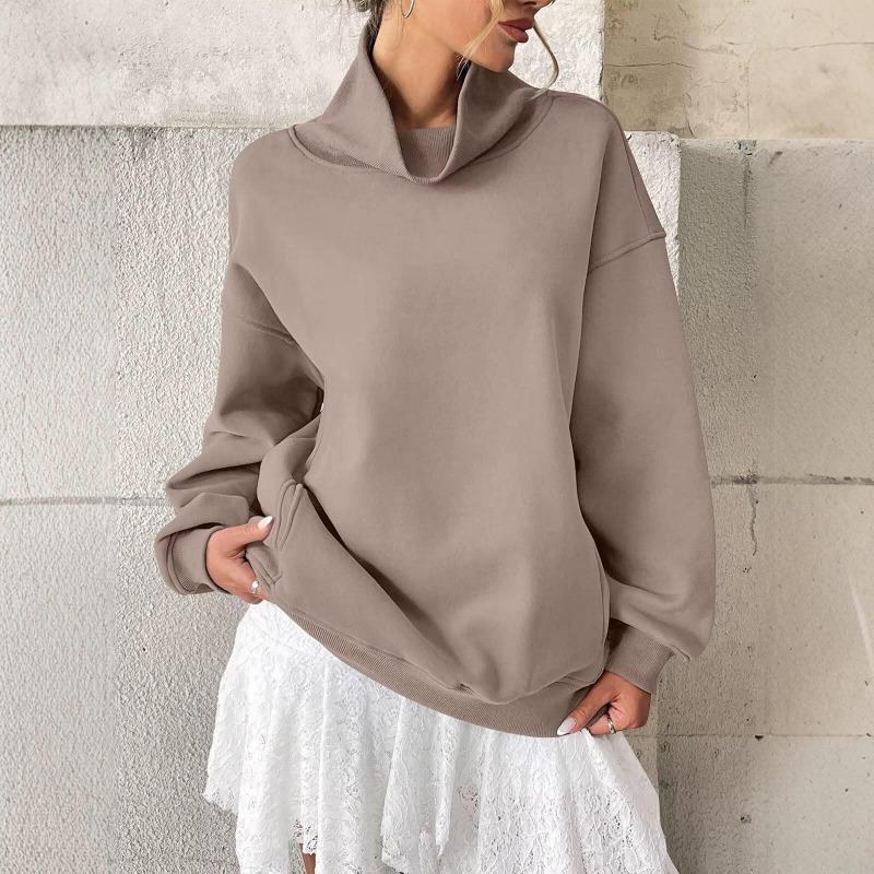 Women's Fleece-Lined Ribbed Turtleneck Sweatshirt Long Sleeve Casual Loose Pullover