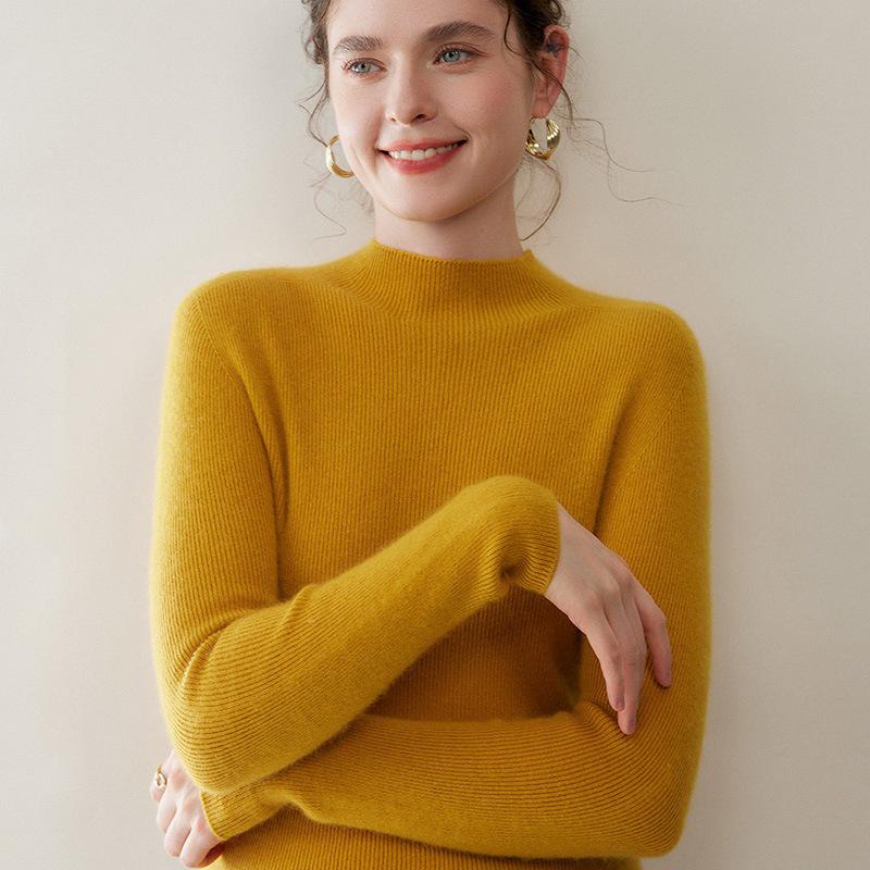 Women's Cashmere Striped Pullover - Slim-Fit Half-High Neck Knitwear for Autumn & Winter