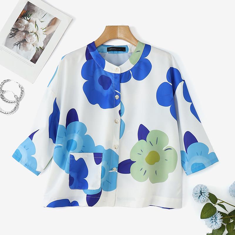 ZANZEA Women Casual Round Neck 3/4 Sleeve Summer Loose Print Blouse