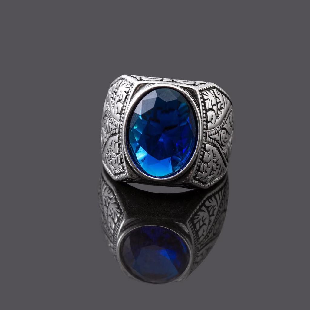 Wholesale Retro Party Jewelry Hot-Selling Cross-Border Turkish Style Oval Sapphire Ring for Men Silver Plated