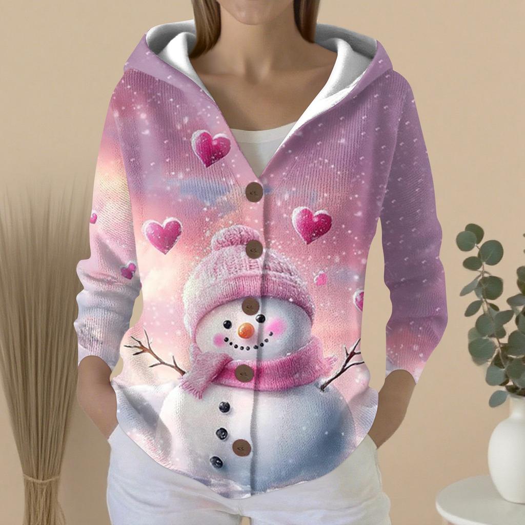 Women's Fashion Casual Sweater Button-Up Print Cardigan  Hooded Jacket