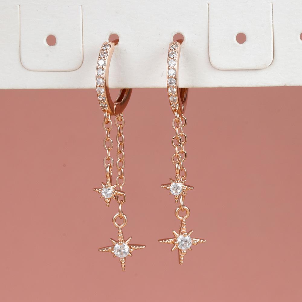 18k Asymmetrical Star And Moon Earrings, Trendy Zircon Lightning Studs, Hoops, And Drop Earrings For Women