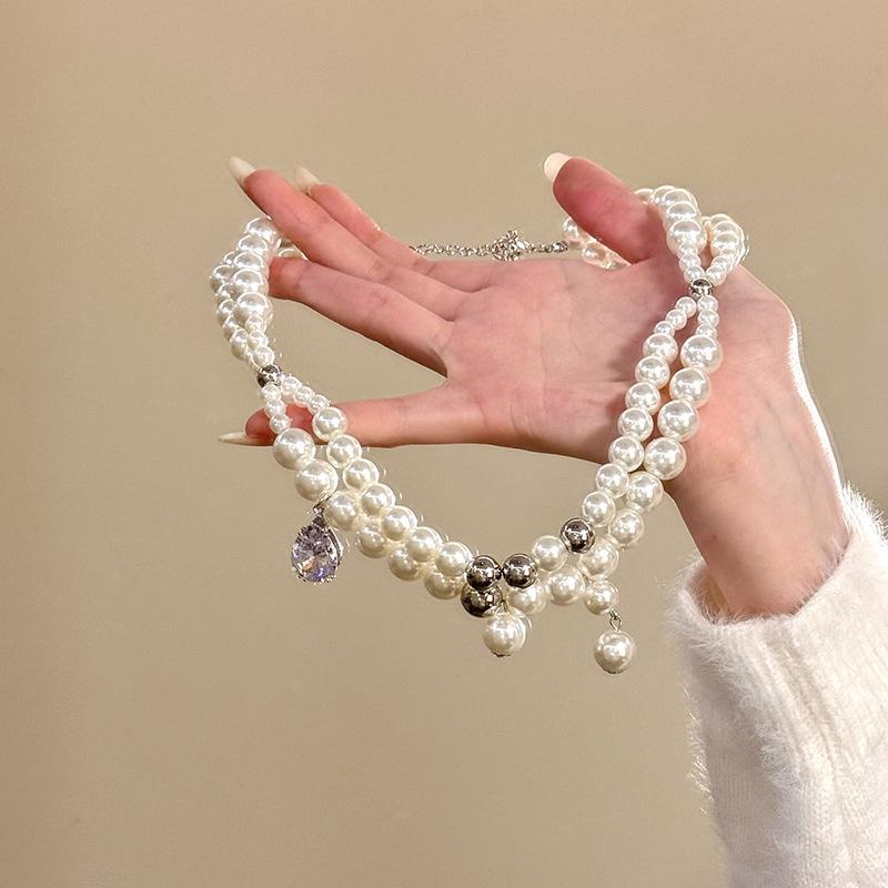 French Chic Glass Beaded Pearl Necklace with Zircon Drop