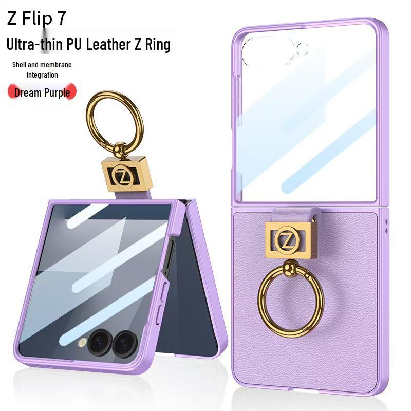 Samsung Z Flip7 Ultra-Thin PU Leather Folding Case with Ring Buckle