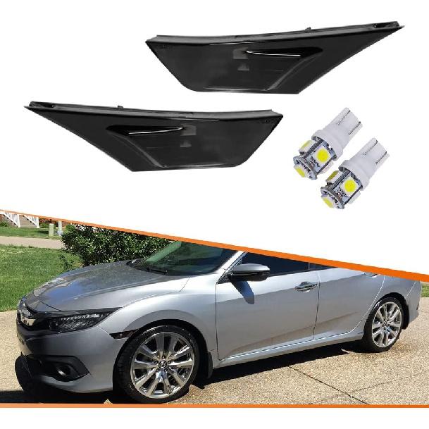 ADIIL Smoke Lens Amber Full LED Bulb Front Bumper Side Markers Turn Signal Light Set Compatible with 2016-2021 Honda Civic 10th Gen Sedan Coupe