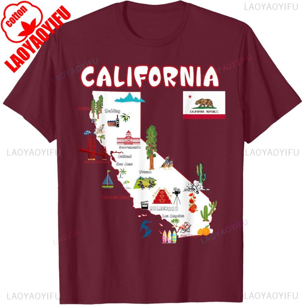 Map of California Landmarks Major Cities Flag Tshirt Funny California Souvenir Tshirt Men Women Casual Crewneck Cotton Tee
