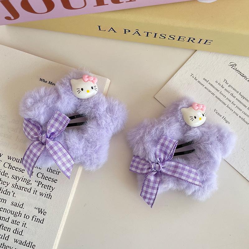 Sweet KT Cat Plaid Bow Plush Hair Clip - Cute Autumn/Winter Accessory