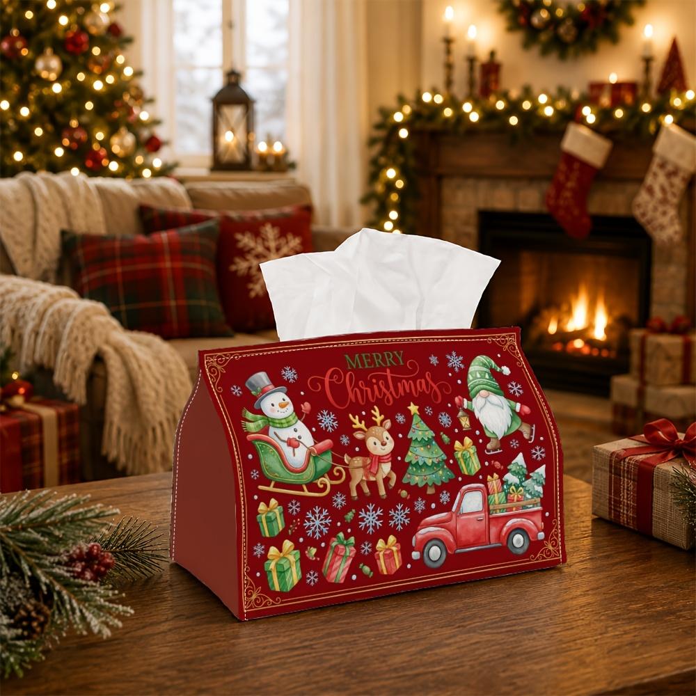 1pc Whimsical Festive Transport Tissue Box - Snowman Reindeer Gnome Truck Napkin Storage Box, Suitable for Rolls/facial Tissues,multi-functional Stora