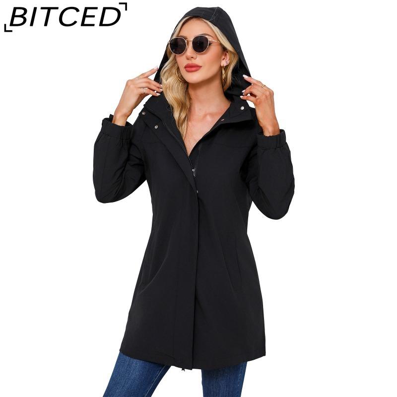 BITCED Spring/Fall Detachable-Cap Water-Resistant Trench Coat for Women Solid Color Long-Sleeve Lightweight Jacket Casual Women's Wear