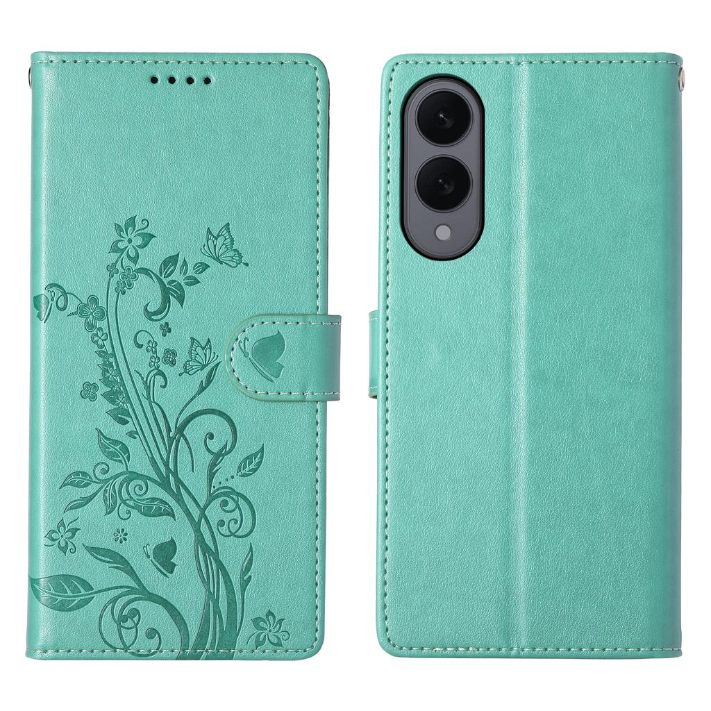 For Samsung Galaxy S25 Edge Wallet Case Butterfly Floral Imprint PU Leather Phone Cover with Wrist Strap