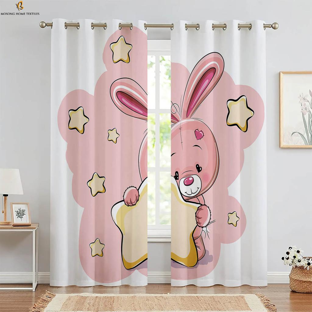 Set Of 2 Easter Decorative Curtains Retro Cartoon Rabbit Print Bedroom Living Room Children Curtain For Sitting Made Polyester
